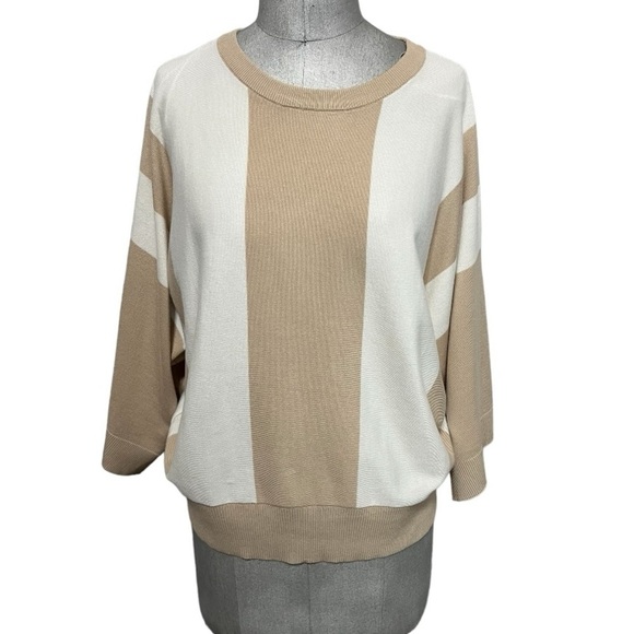 Philosophy Crew Neck Kimono Sleeve Vertical Striped Ivory & Tan Sweater Size XL - Picture 1 of 9